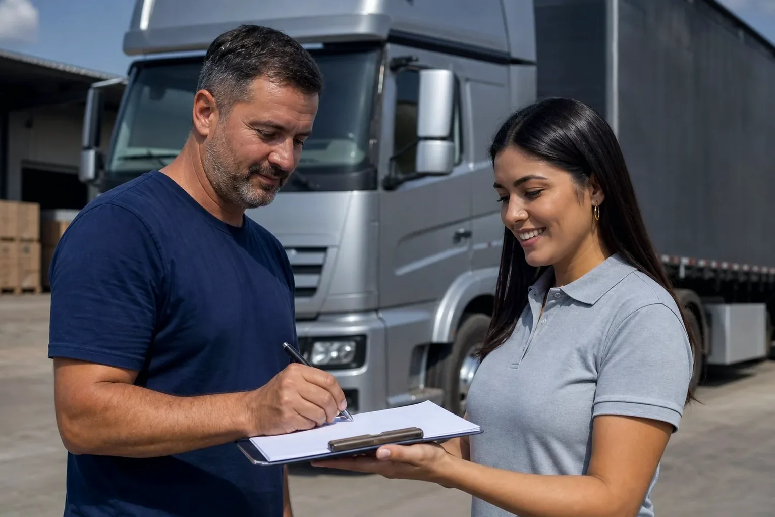 Profissional auxiliando cliente no cadastramento na ANTT, com documentos ao fundo.